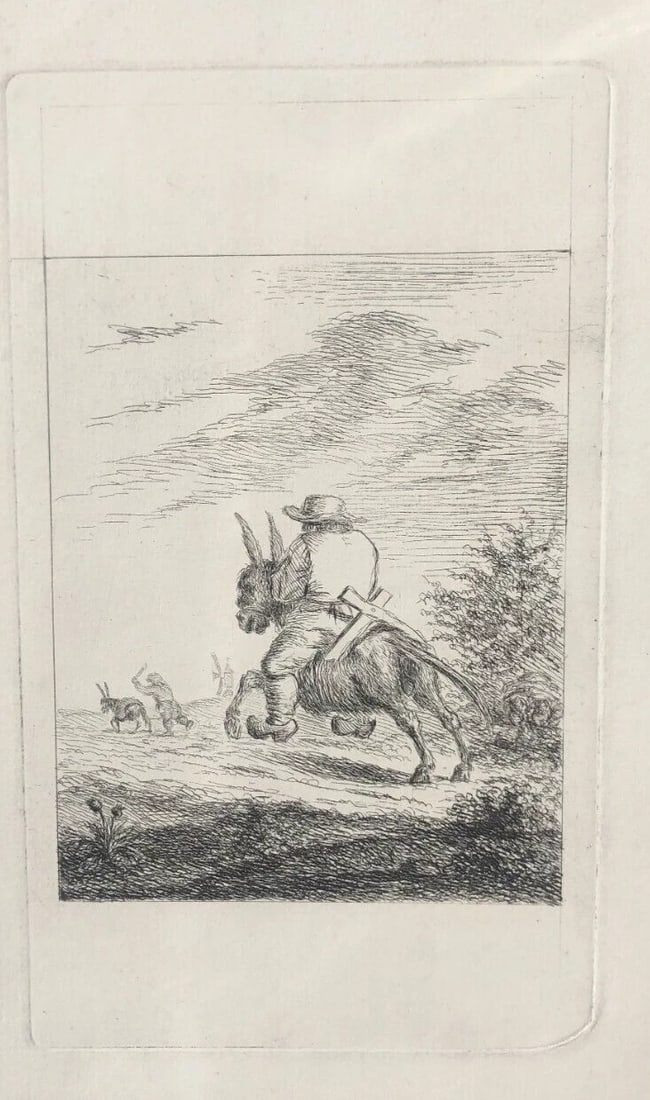 Man, Horse, Donkey , Hunting, Landscape - Etching Antique Original - 8
