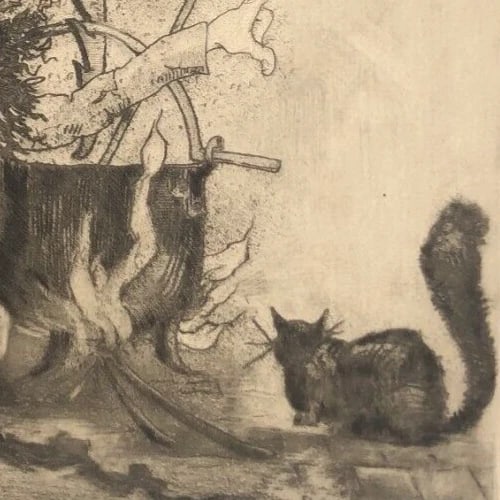 Man, Pature, Cat, Wishcraft - Etching Antique Original - 7
