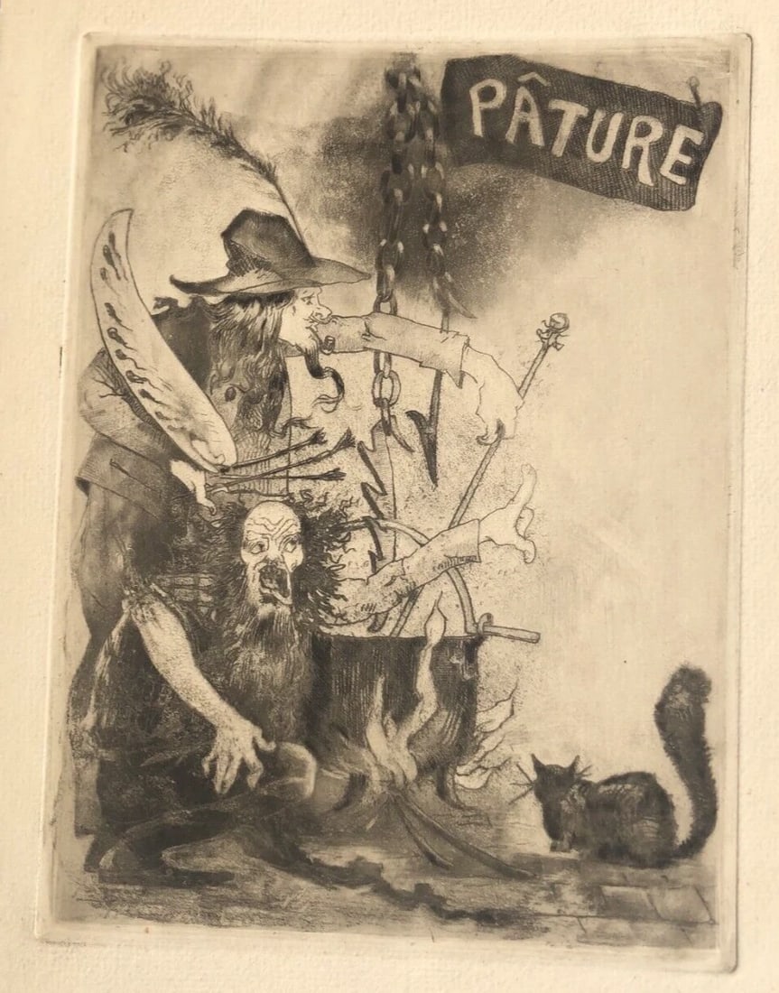 Man, Pature, Cat, Wishcraft - Etching Antique Original - 8