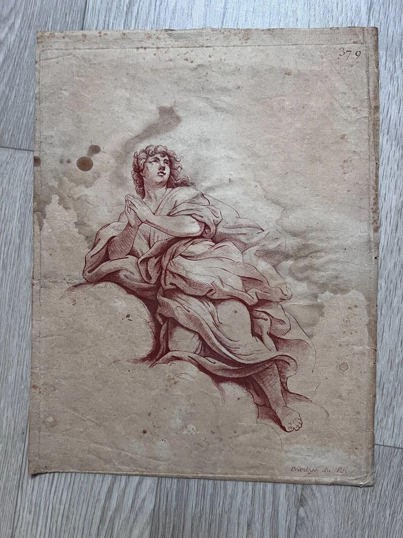 Woman, Religious, Mythology, Angel, Praying - Etching Antique Original - 6