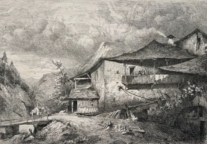 Landscape Forges Allevard Dauphine House People Antique Etching Original - 2