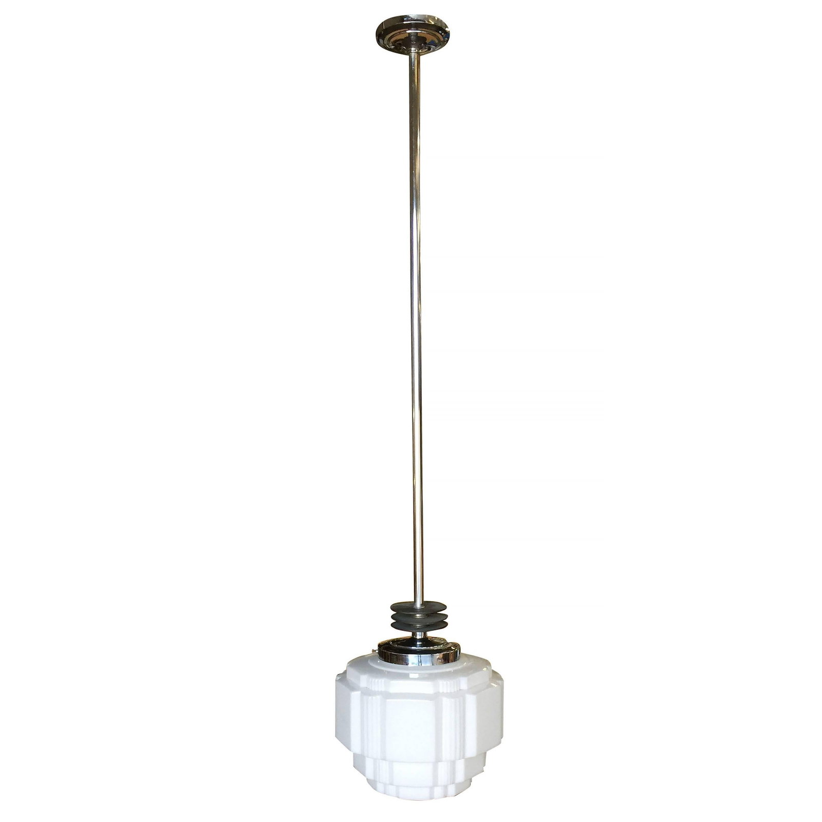 Art Deco Ceiling Pendant with School House Stepped Glass Globe - 2