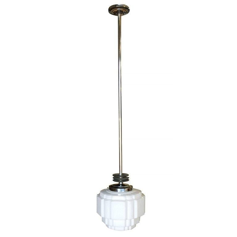 Art Deco Ceiling Pendant with School House Stepped Glass Globe - 4