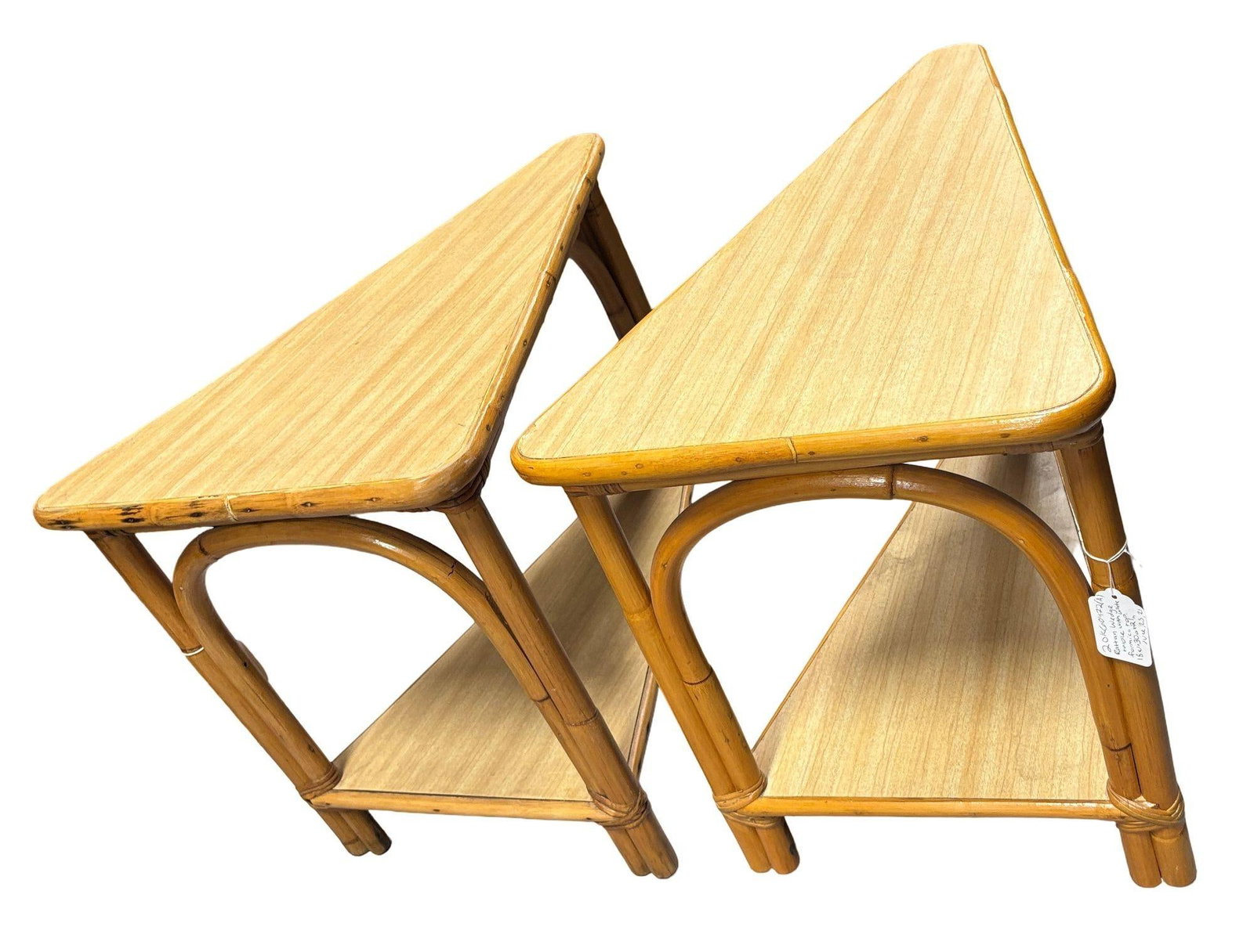 Restored MCM Rattan & Formica 2-Tiered High Arch 3-Strand Wedge Side Table, Pair - 2