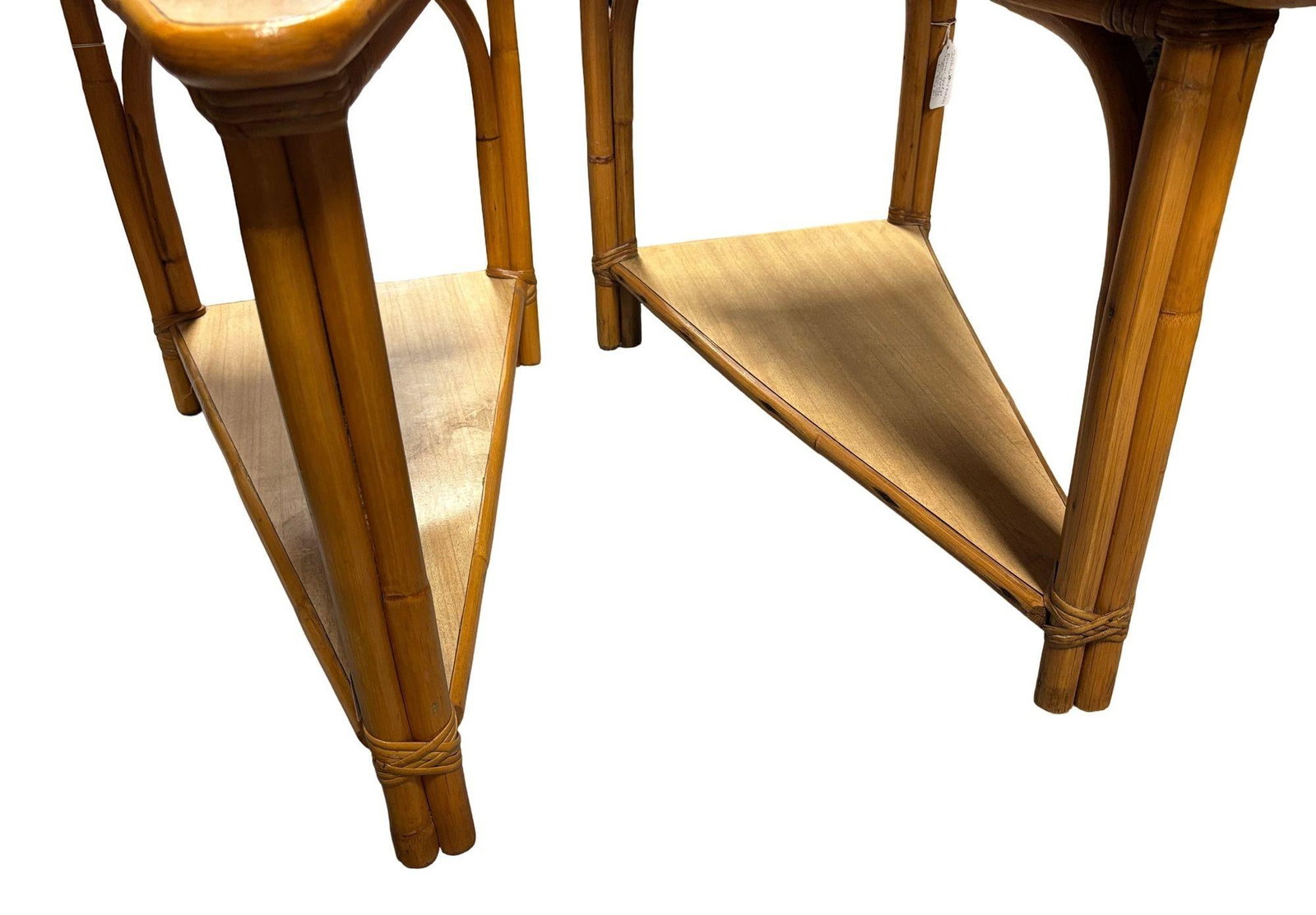 Restored MCM Rattan & Formica 2-Tiered High Arch 3-Strand Wedge Side Table, Pair - 4