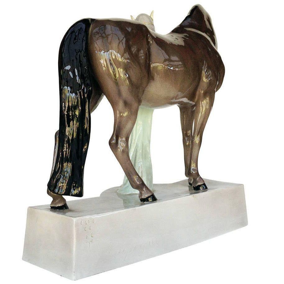 Ceramic Valkyrie and Horse Sculpture by Stanislaus Capeque for Goldscheider - 2