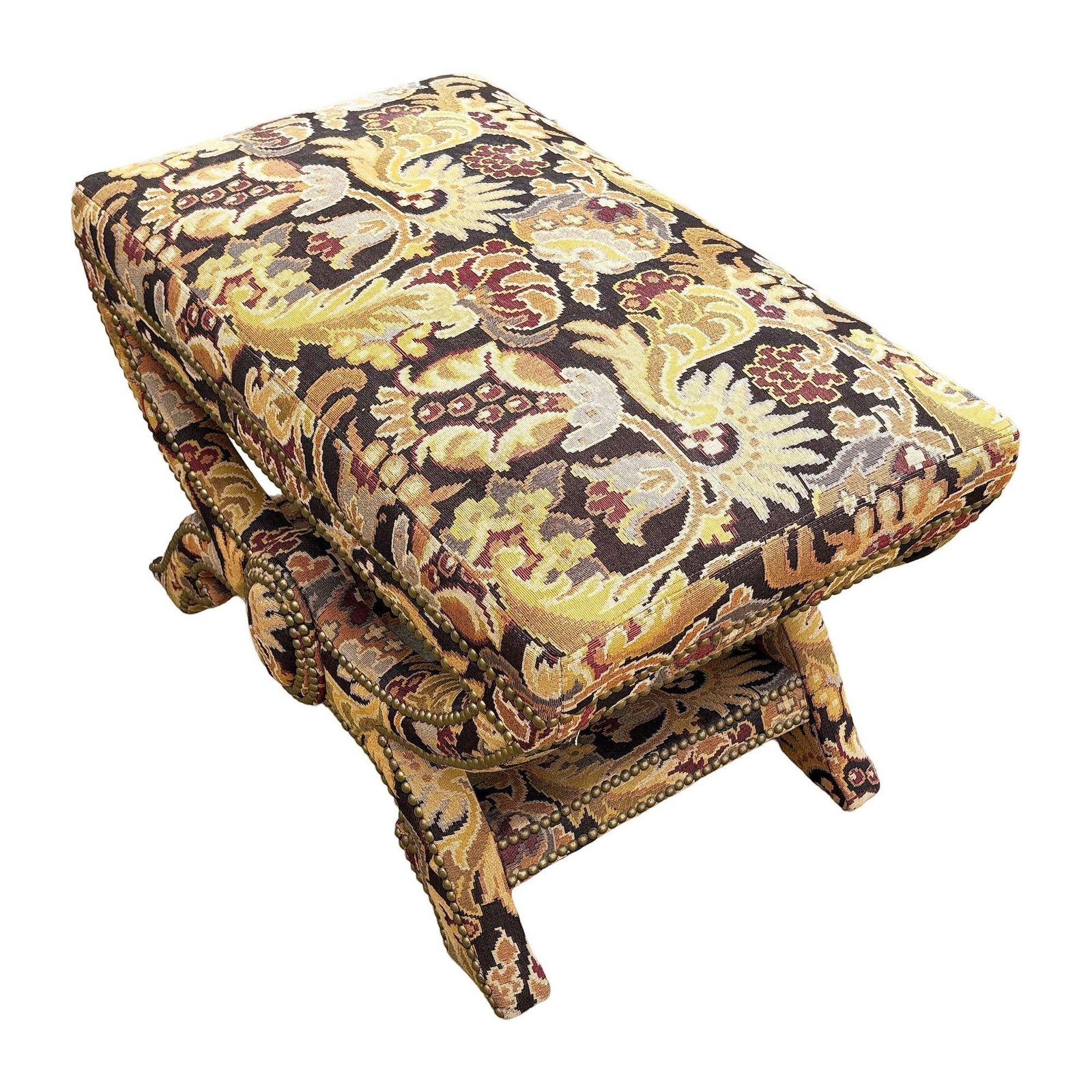 Bespoke Tapestry Upholstery X Bases Studded Nailhead Bench by Billy Baldwin - 2
