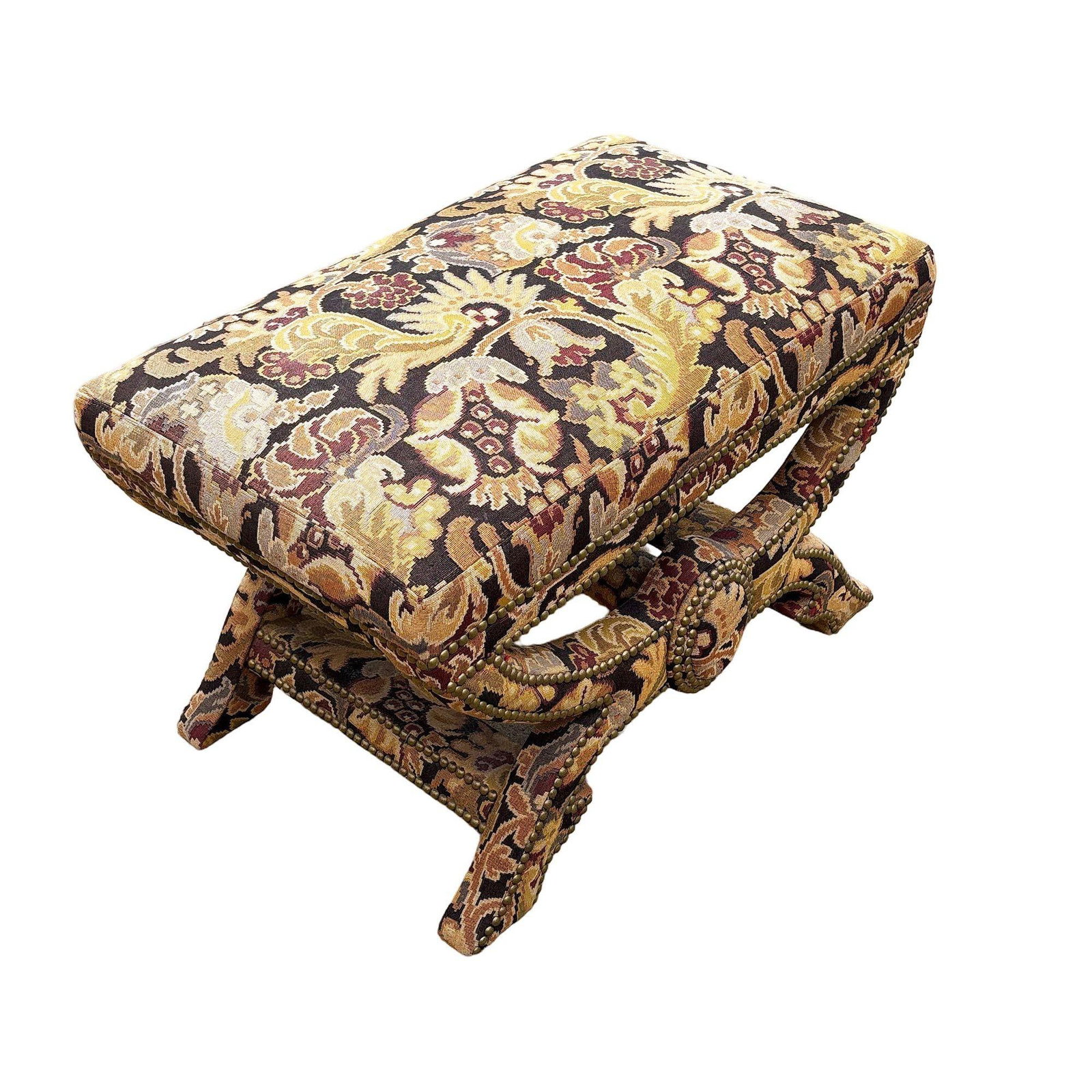 Bespoke Tapestry Upholstery X Bases Studded Nailhead Bench by Billy Baldwin - 4