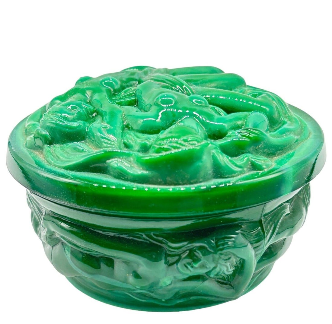 Green Naiads Glass Bonbonniere W/ Bacchantes Powder Box by Heinrich Hoffmann - 3