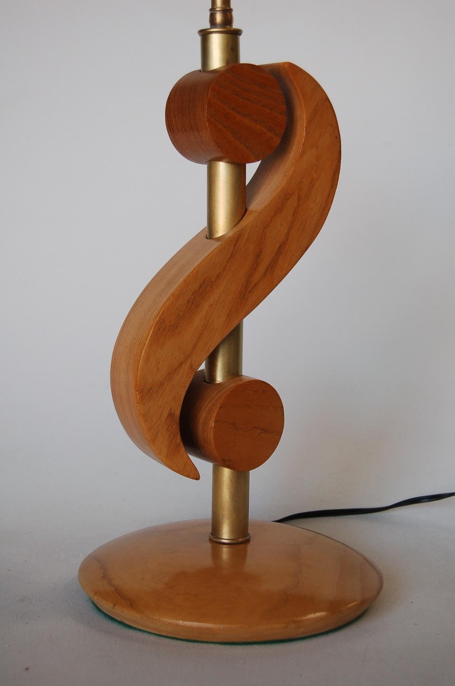 Carved Oak and Brass Biomorphic Modernist Table Lamp, Pair - 3