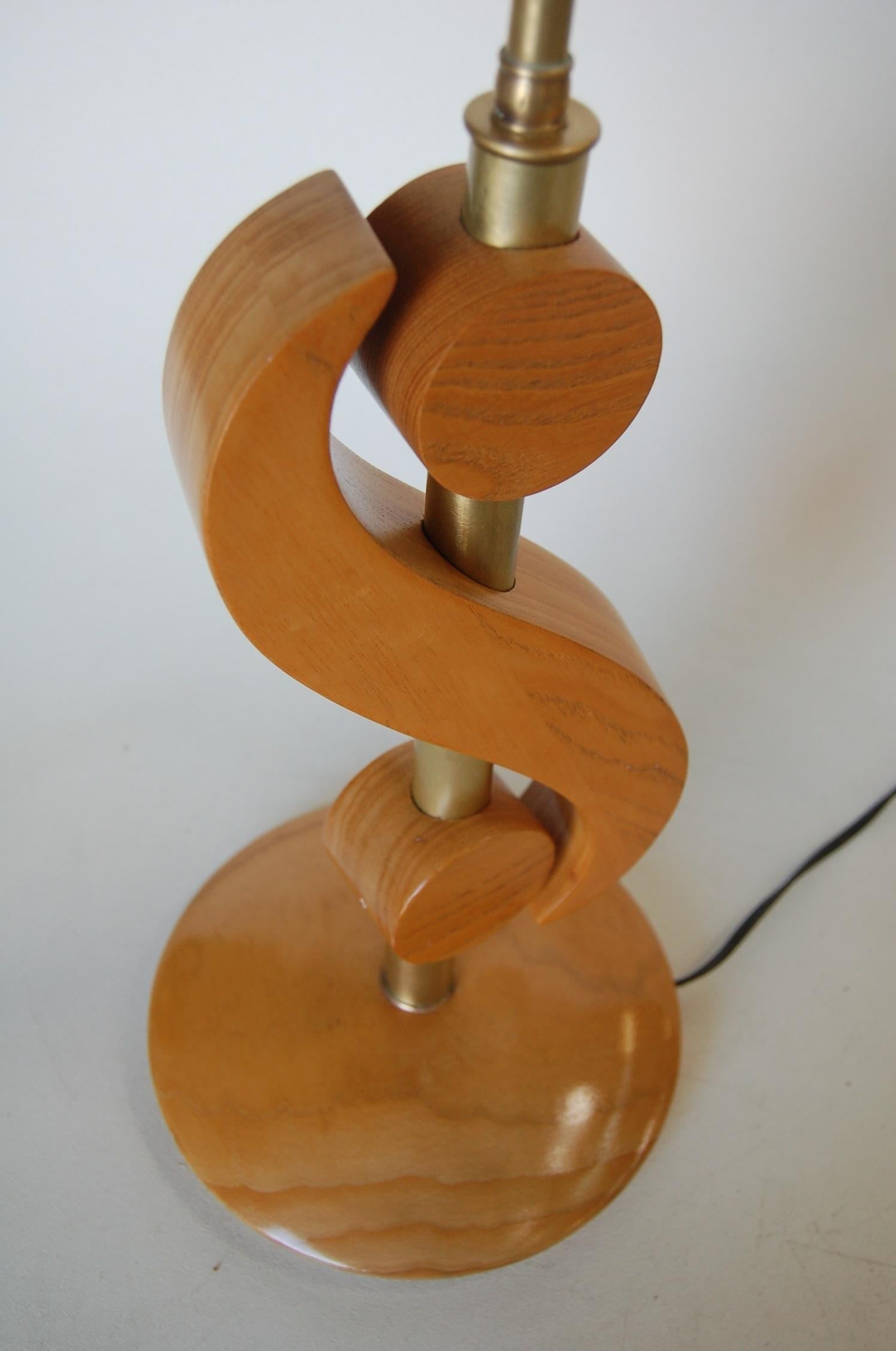 Carved Oak and Brass Biomorphic Modernist Table Lamp, Pair - 4