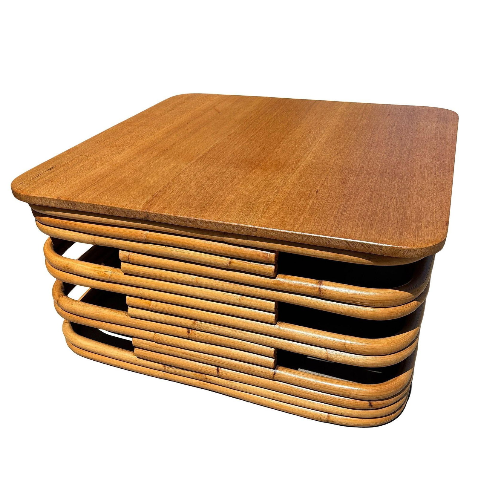 Restored MCM Stacked Rattan Coffee Table w/ Rattan Wrapped Mahogany Top - 3