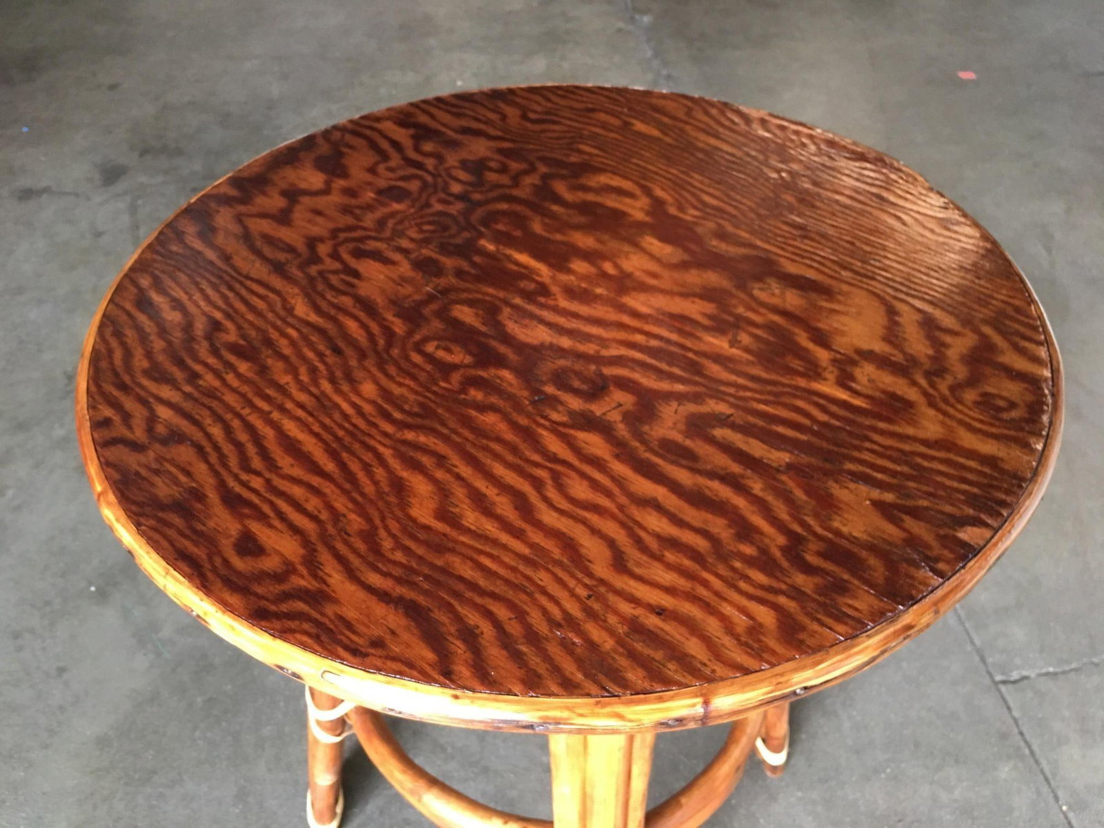 Restored Rattan "Double Circle" Side Table W/ Mahogany Top - 4