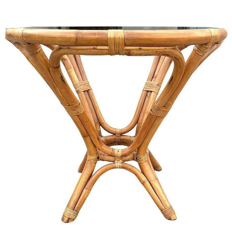 Restored MCM Modernist Rattan Hourglass Round Dining Table w/ Glass Top - 3