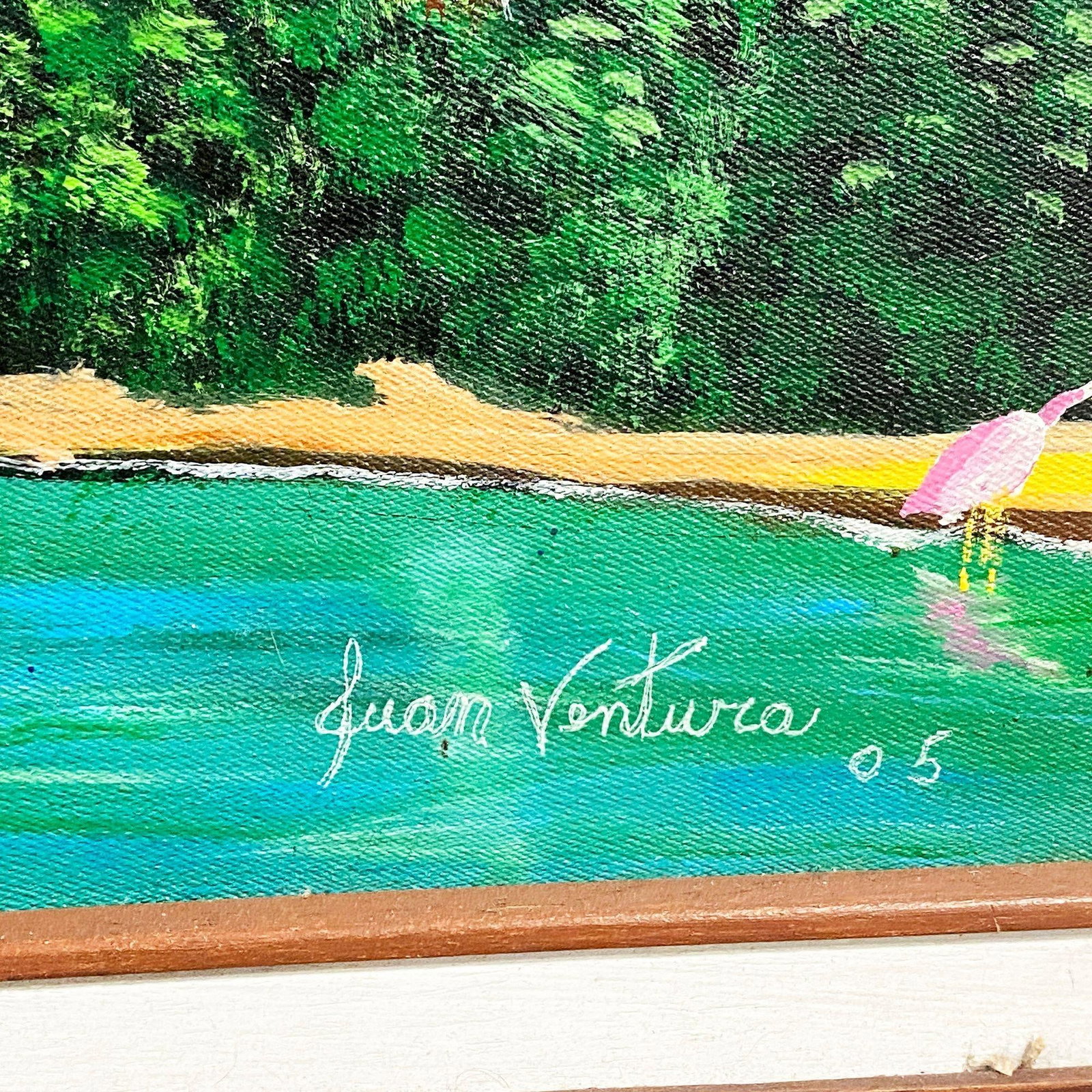 Large Tropical Hawaiian Scenic with Flamingos Oil on Canvas Signed - 2