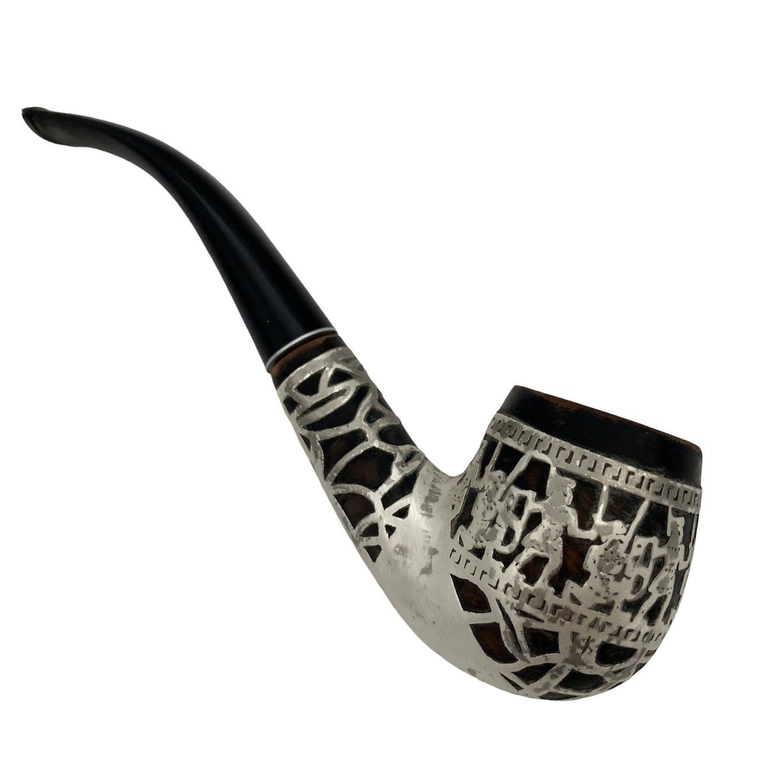 Brass and Bloodwood Pipe Holder by Dunhill w/ Silver Medico Pipe - 2