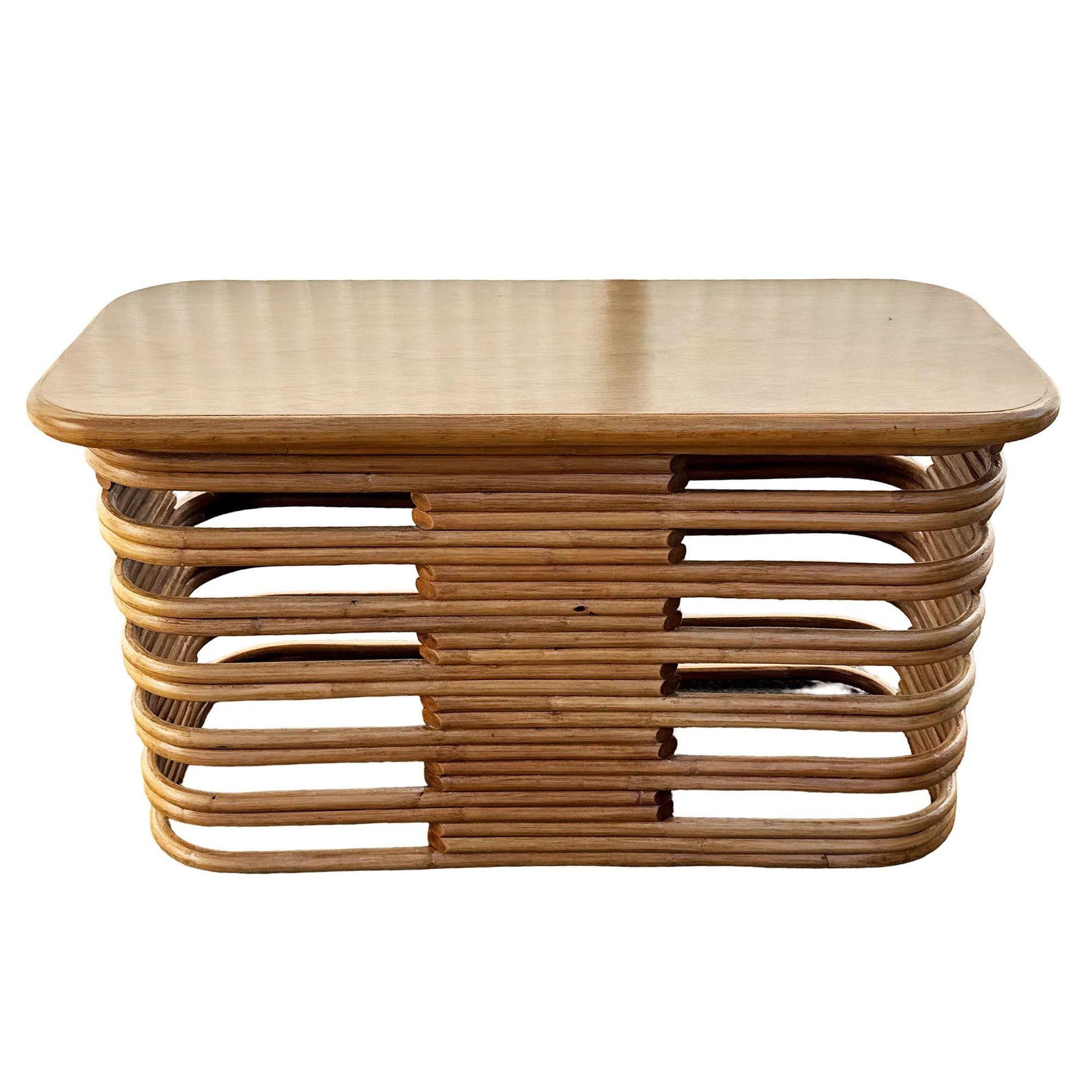 Restored Mid-century Mid-Century Stacked Rattan Side Drinks Table W/ Mahogany - 2