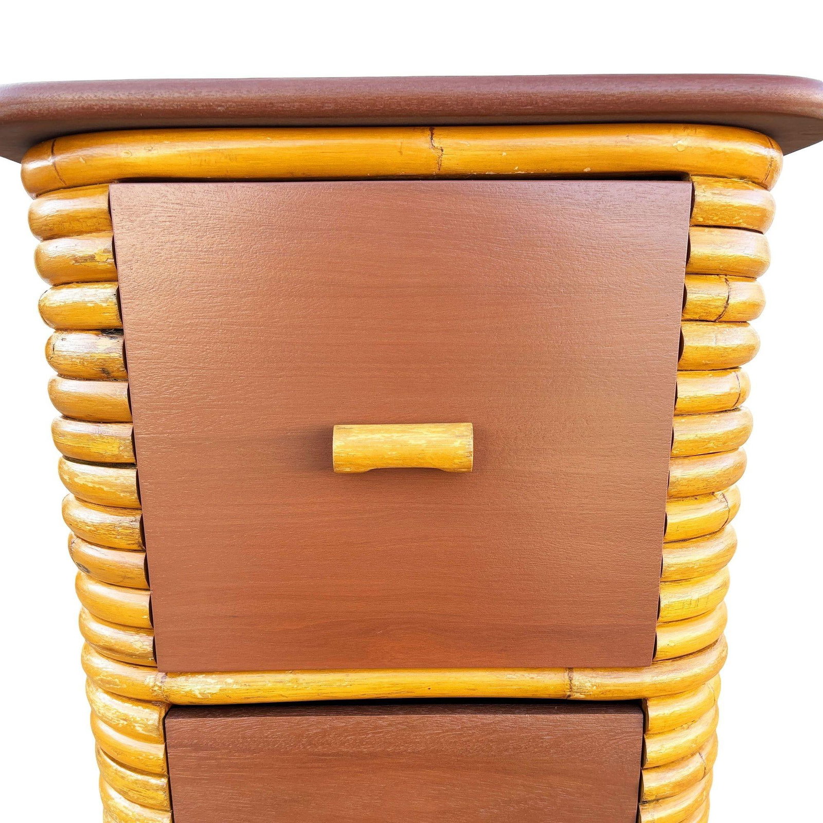 Restored Paul Frankl Style Stacked Rattan & Mahogany Cabinet w/ Drawers - 2