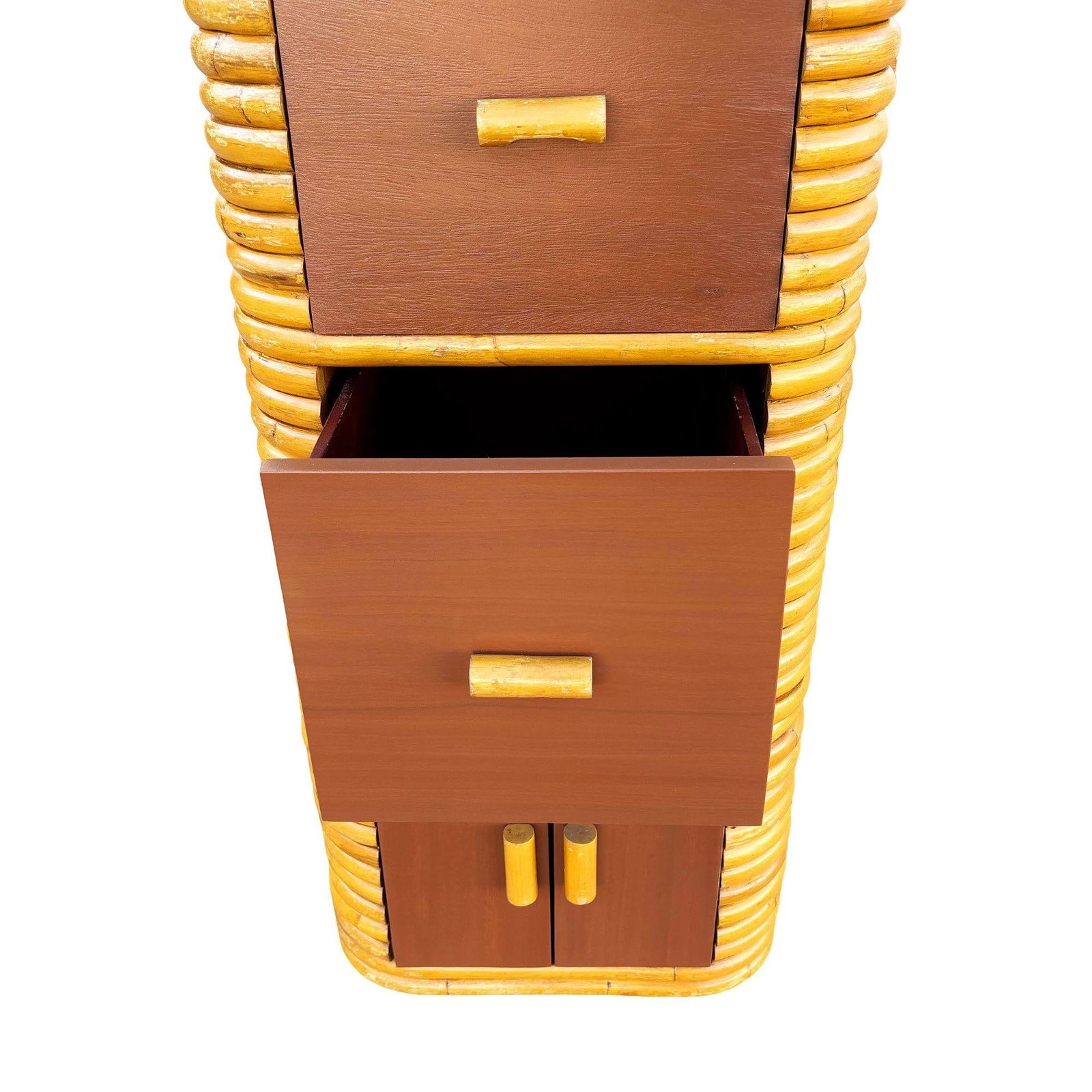 Restored Paul Frankl Style Stacked Rattan & Mahogany Cabinet w/ Drawers - 4