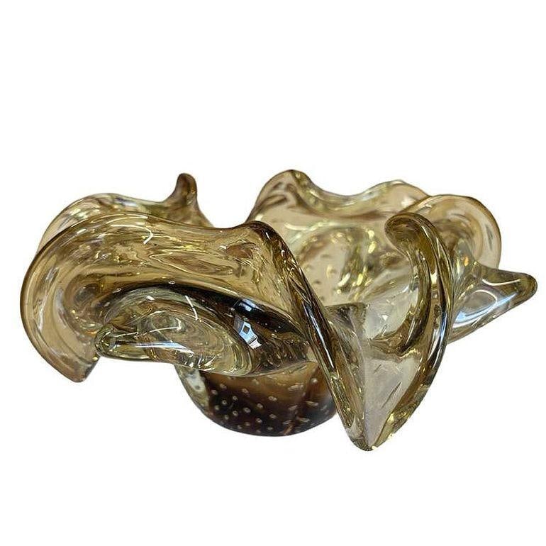 Mid-century Bullicante Amber Gold-Tone Ruffle Murano Art Glass Ashtray - 2