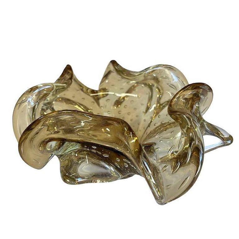Mid-century Bullicante Amber Gold-Tone Ruffle Murano Art Glass Ashtray - 3