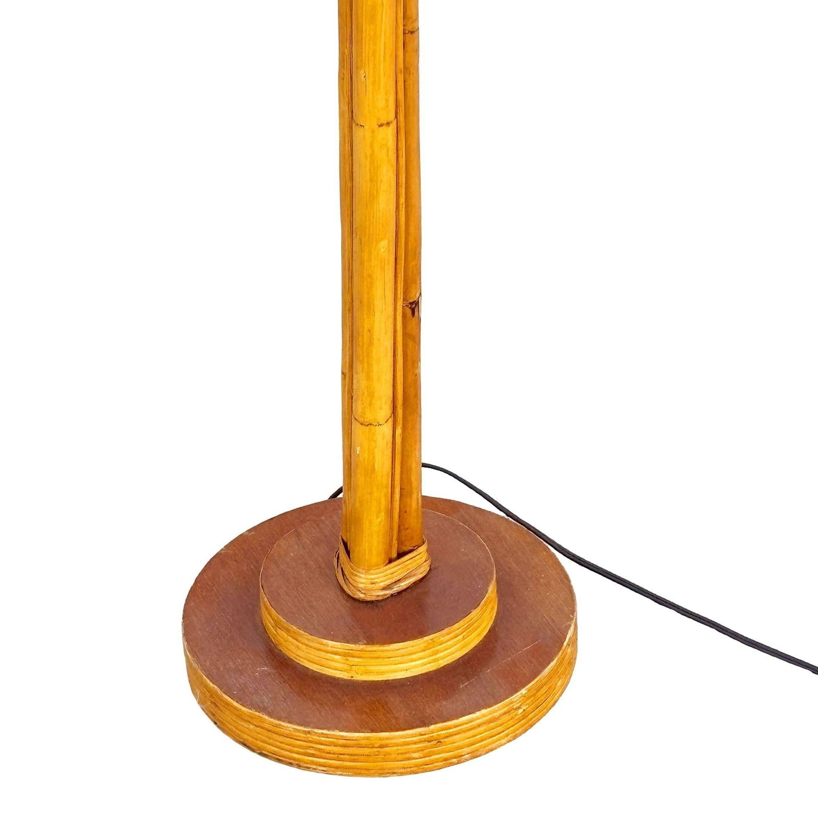 Restored Mid-century Three-Pole Rattan Floor Lamp w/ Mahogany Base - 4