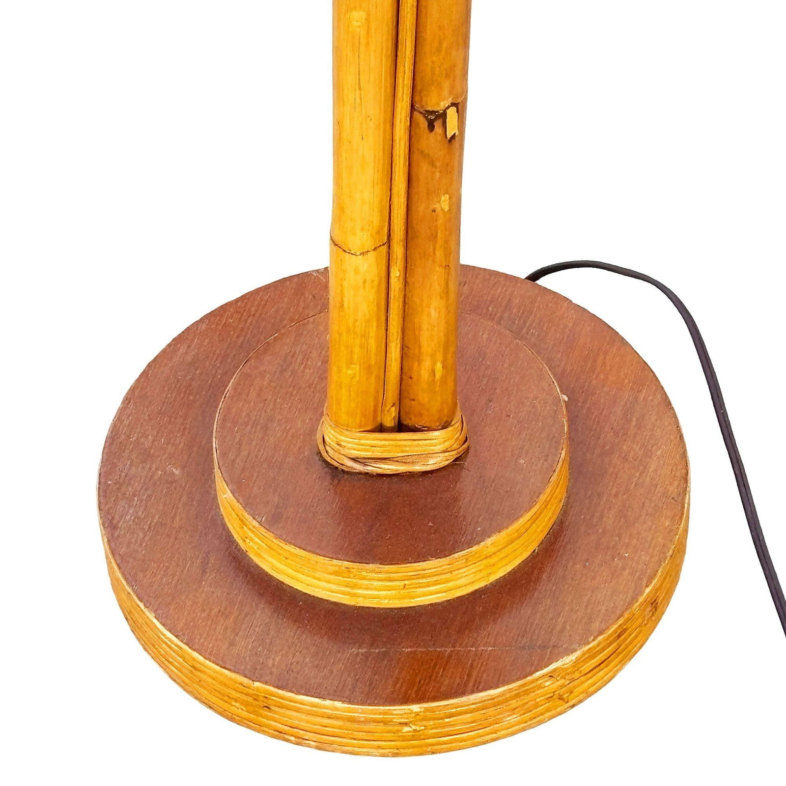 Restored Mid-century Three-Pole Rattan Floor Lamp w/ Mahogany Base - 5