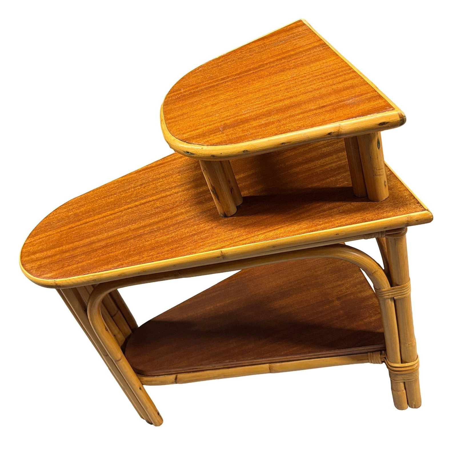Restored MCM Rattan & Mahogany 3-Tiered Vertically Stacked Rattan Wedge Table - 2