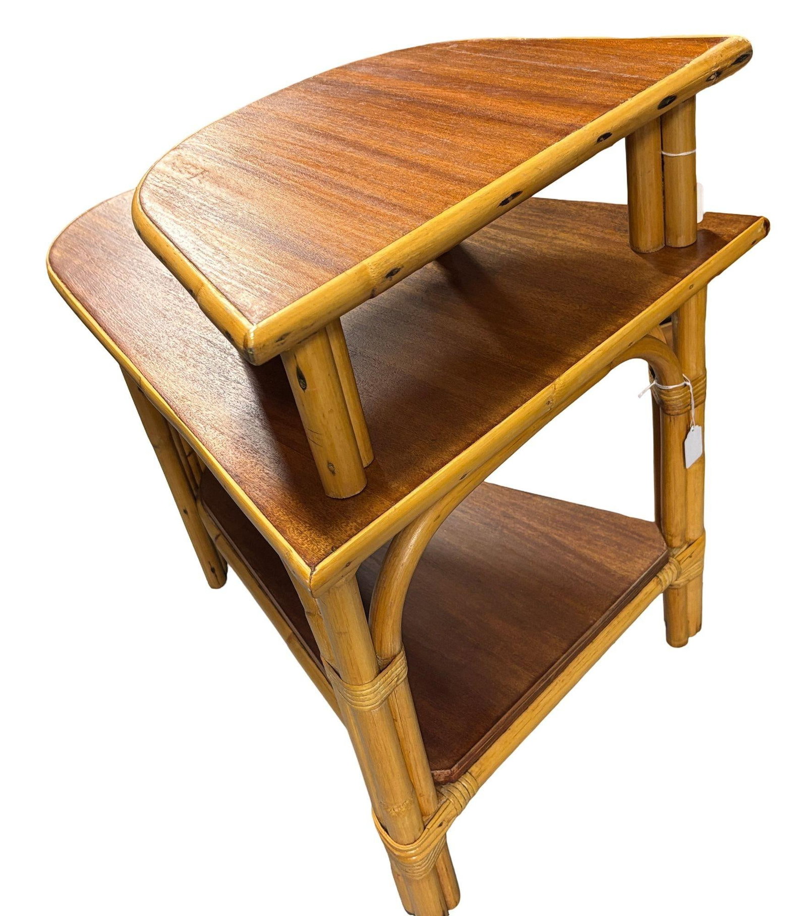 Restored MCM Rattan & Mahogany 3-Tiered Vertically Stacked Rattan Wedge Table - 3