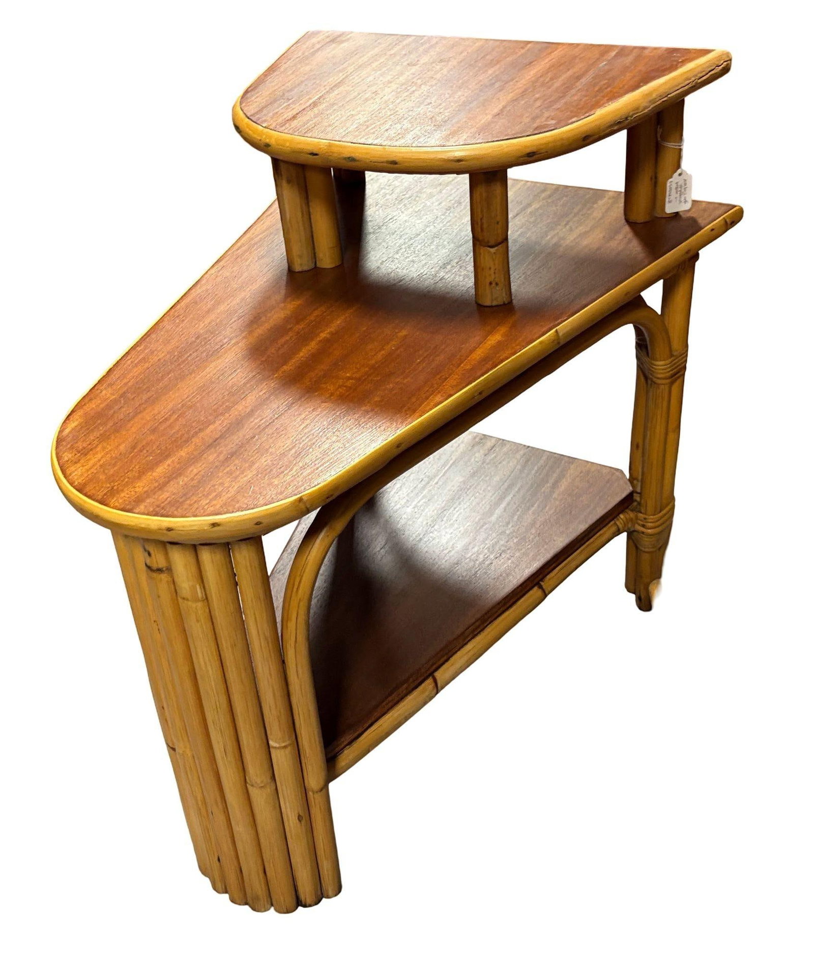 Restored MCM Rattan & Mahogany 3-Tiered Vertically Stacked Rattan Wedge Table - 5