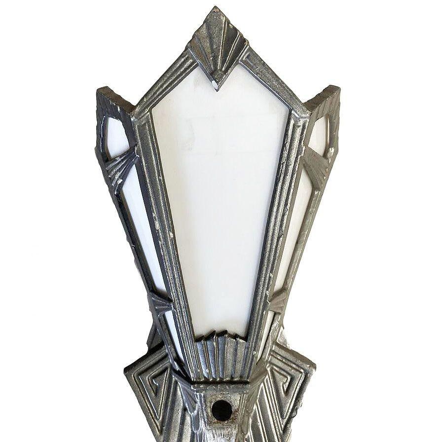Geometric Art Deco Aluminum Wall Sconce w/ Slat Milk Glass Panels, 4 Available - 3