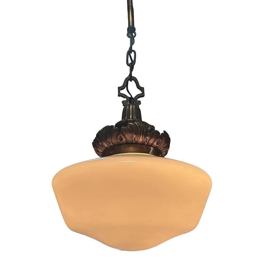 Art Deco Copper Acanthus Leaf Hanging Pendant Light w/ Opal Schoolhouse Globe - 2