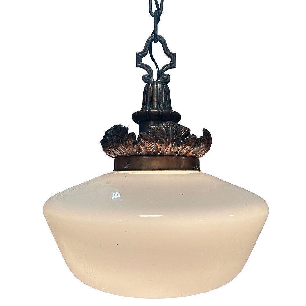 Art Deco Copper Acanthus Leaf Hanging Pendant Light w/ Opal Schoolhouse Globe - 4