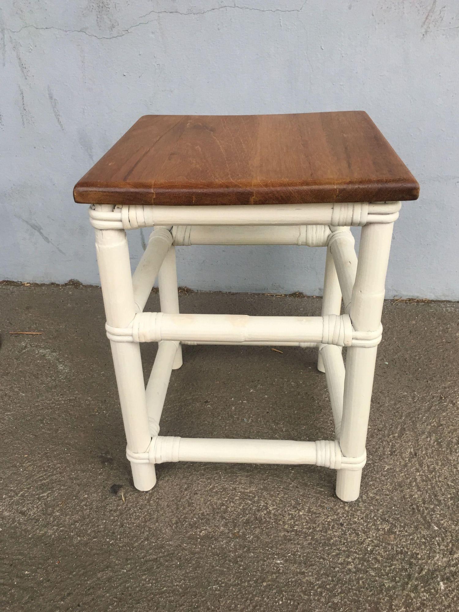 Restored White Rattan Cocktail Side Table W/ Mahogany Top - 2