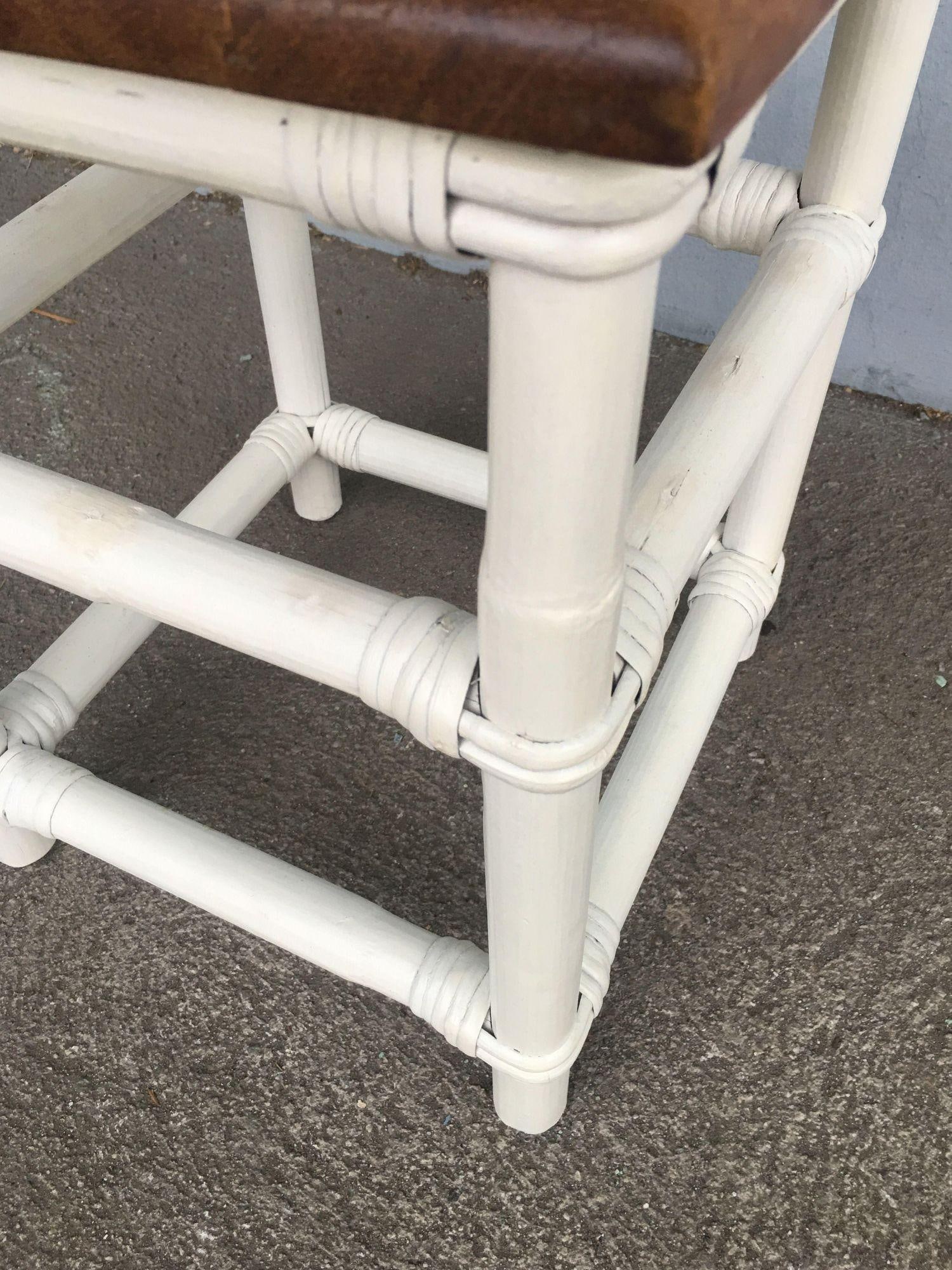 Restored White Rattan Cocktail Side Table W/ Mahogany Top - 3