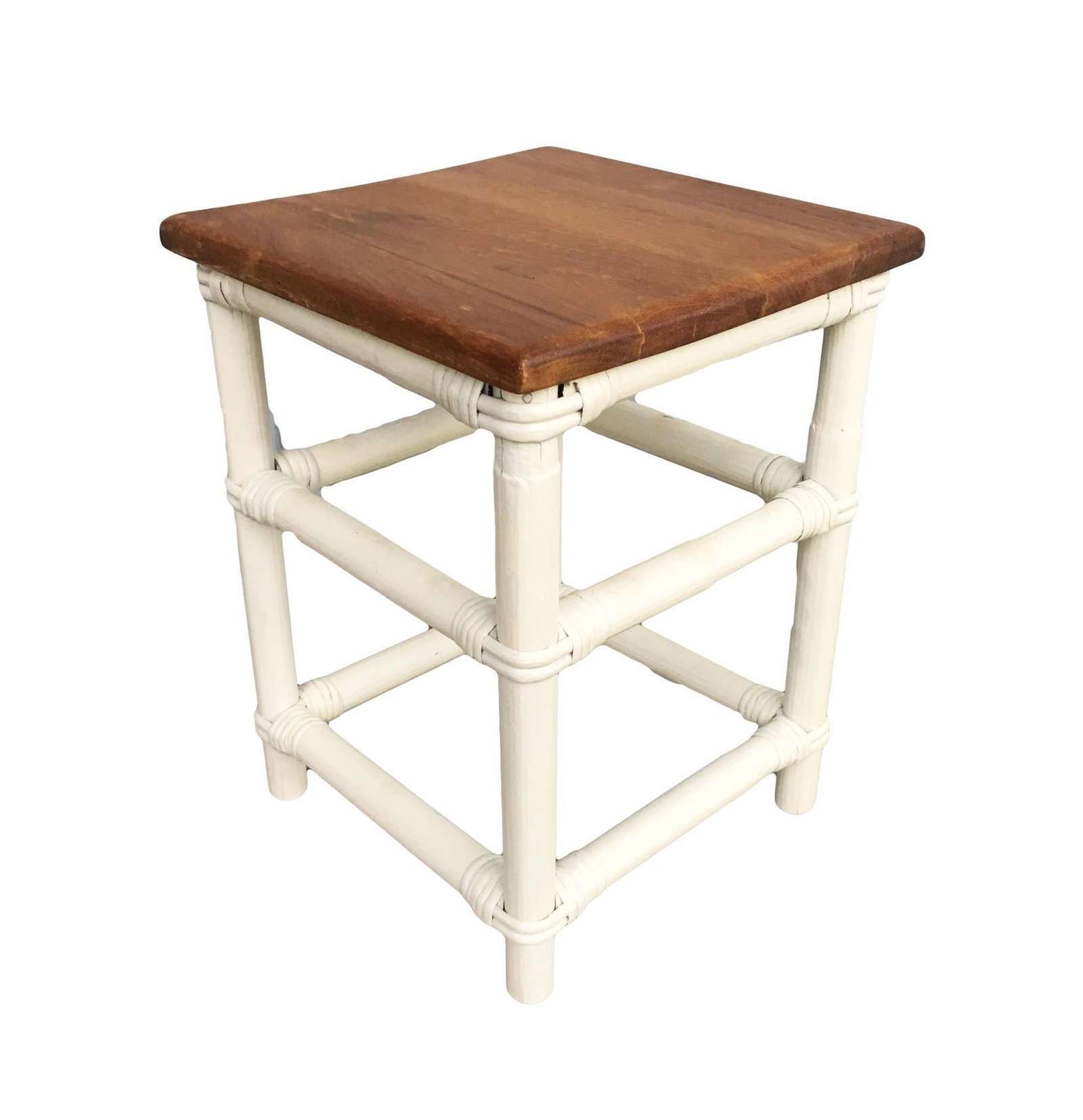 Restored White Rattan Cocktail Side Table W/ Mahogany Top - 5