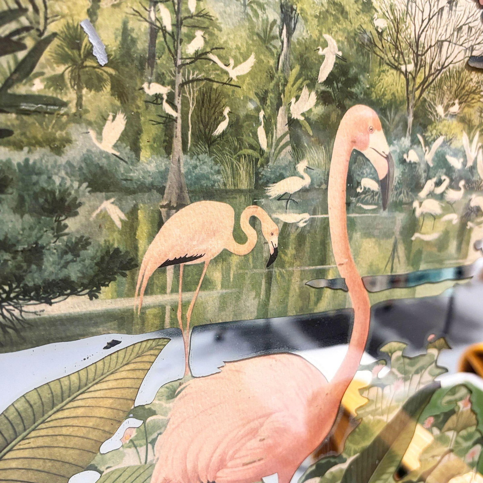 Rare Lithagraph Printed Pink Flamingo Framed Wall Mirror Wall by R. Stern for Tu - 3