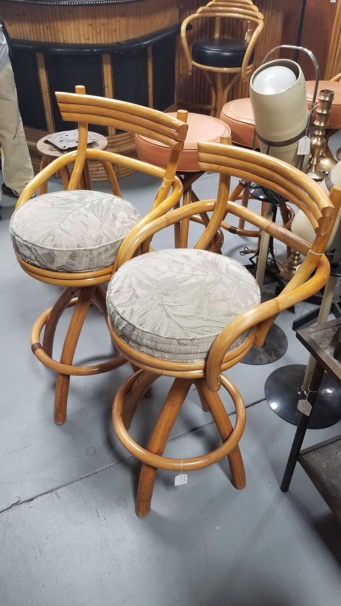 Restored Rattan Pair of Two Stacked Back Bar stools w/ Botanical Fabric Seats - 2
