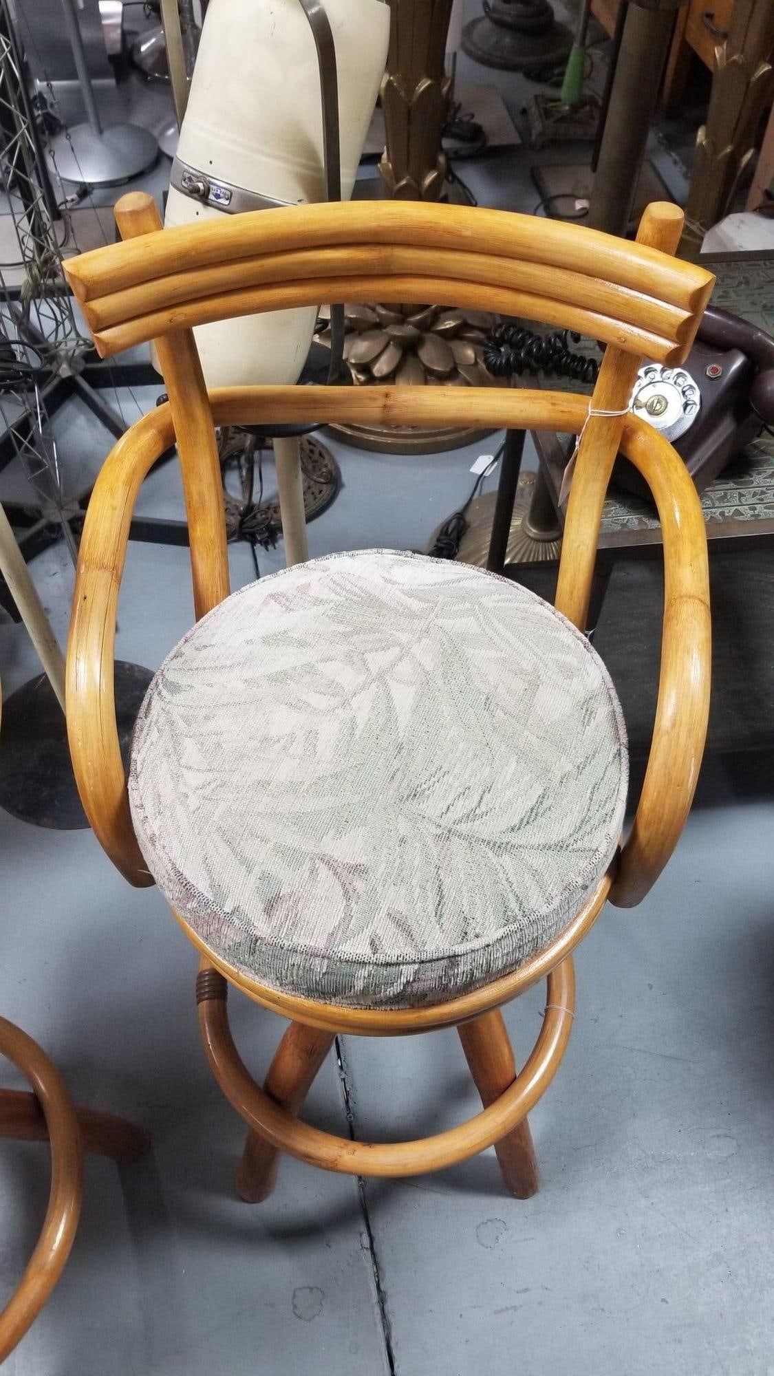 Restored Rattan Pair of Two Stacked Back Bar stools w/ Botanical Fabric Seats - 3