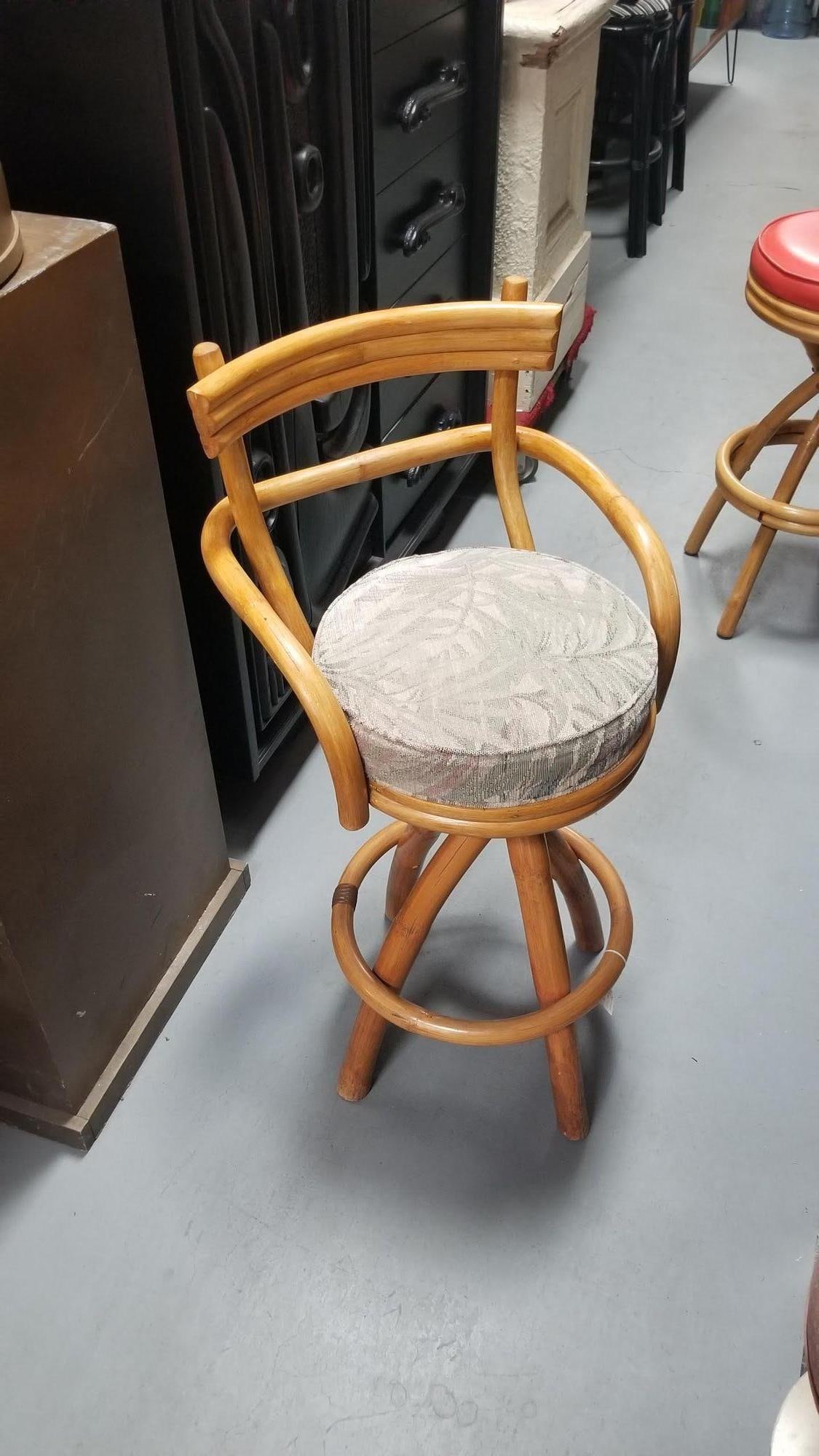 Restored Rattan Pair of Two Stacked Back Bar stools w/ Botanical Fabric Seats - 5