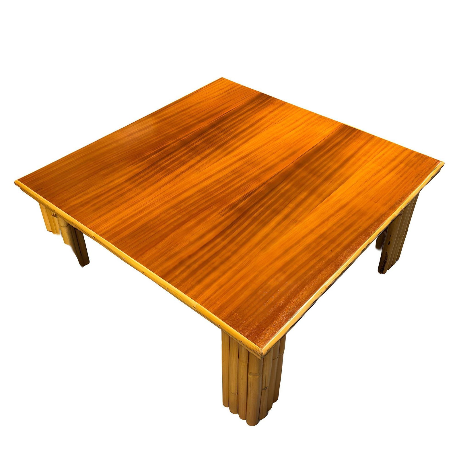 Restored Rattan & Curly Mahogany Square Coffee Table w/ Stacked Rattan Legs - 2