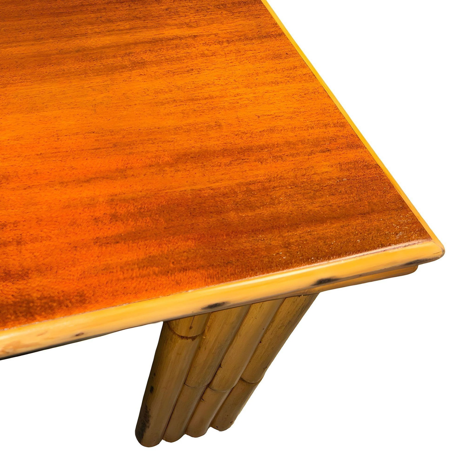 Restored Rattan & Curly Mahogany Square Coffee Table w/ Stacked Rattan Legs - 4