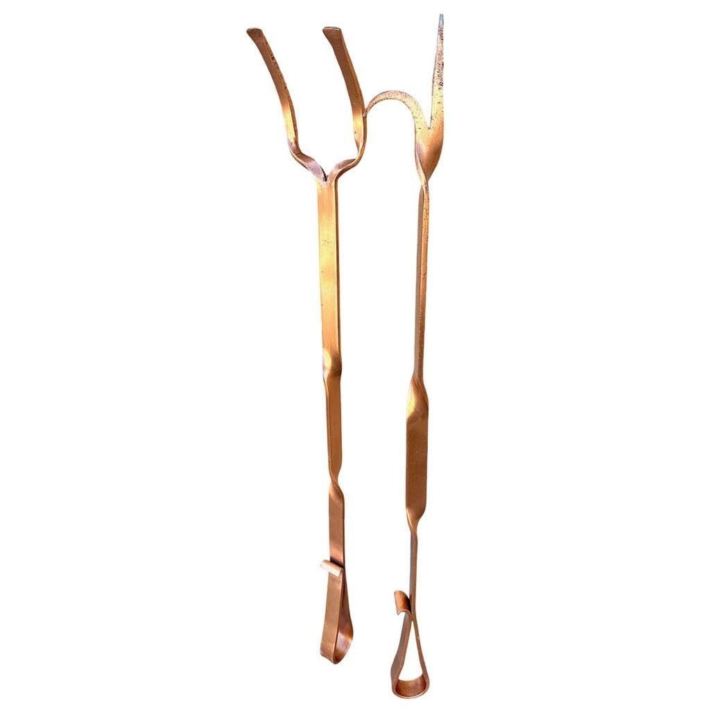 Solid Copper Art Deco Fireplace Poker and Tongs Tools - 2