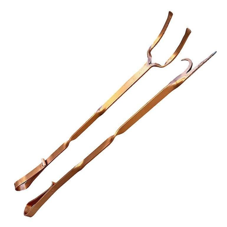Solid Copper Art Deco Fireplace Poker and Tongs Tools - 3