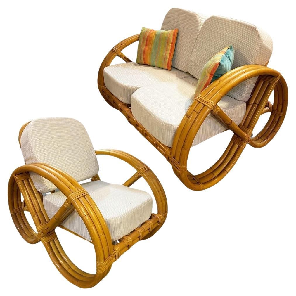 Restored Child Size 3-Strand Round Full Pretzel Rattan Sofa & Lounge Chair: Title: Restored Child Size 3-Strand Round Full Pretzel Rattan Sofa & Lounge Chair Description: This beautifully restored Frankl style child-size or pet furniture size three-strand round full pretzel a