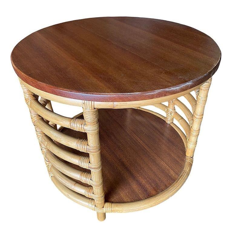 Restored Two-Tier Round Ladder Side Pole Rattan Side Table w/ Mahogany Top - 2