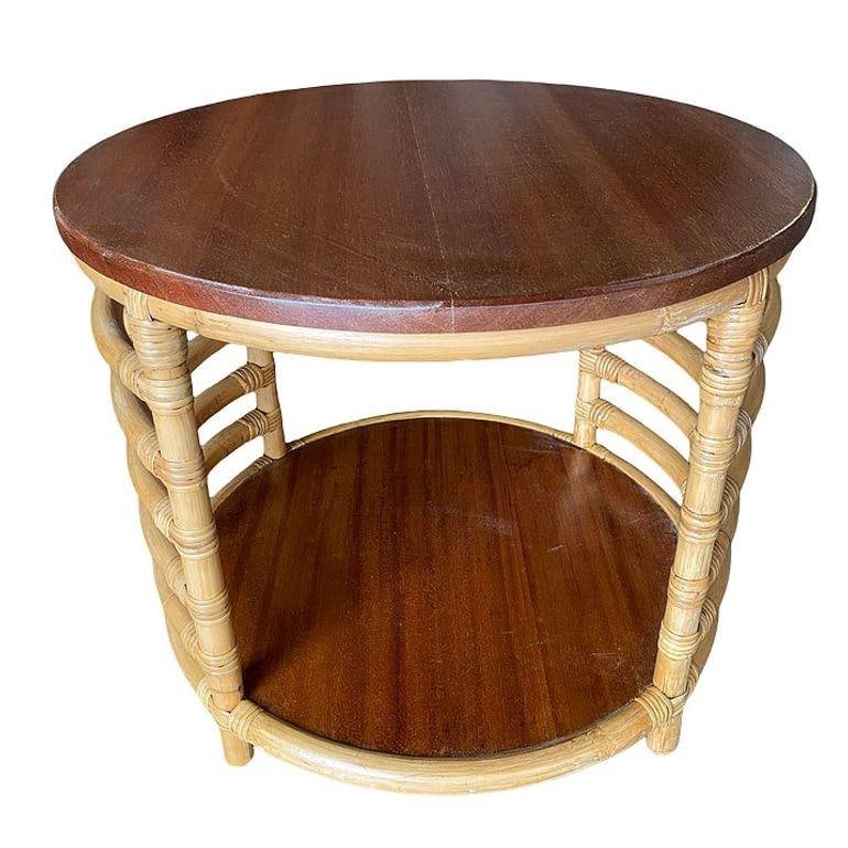 Restored Two-Tier Round Ladder Side Pole Rattan Side Table w/ Mahogany Top - 4