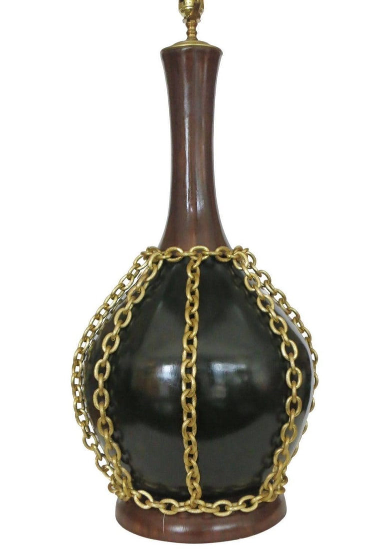 Large Midcentury Pottery Gold Tone Chain Lamps with Shade - 3
