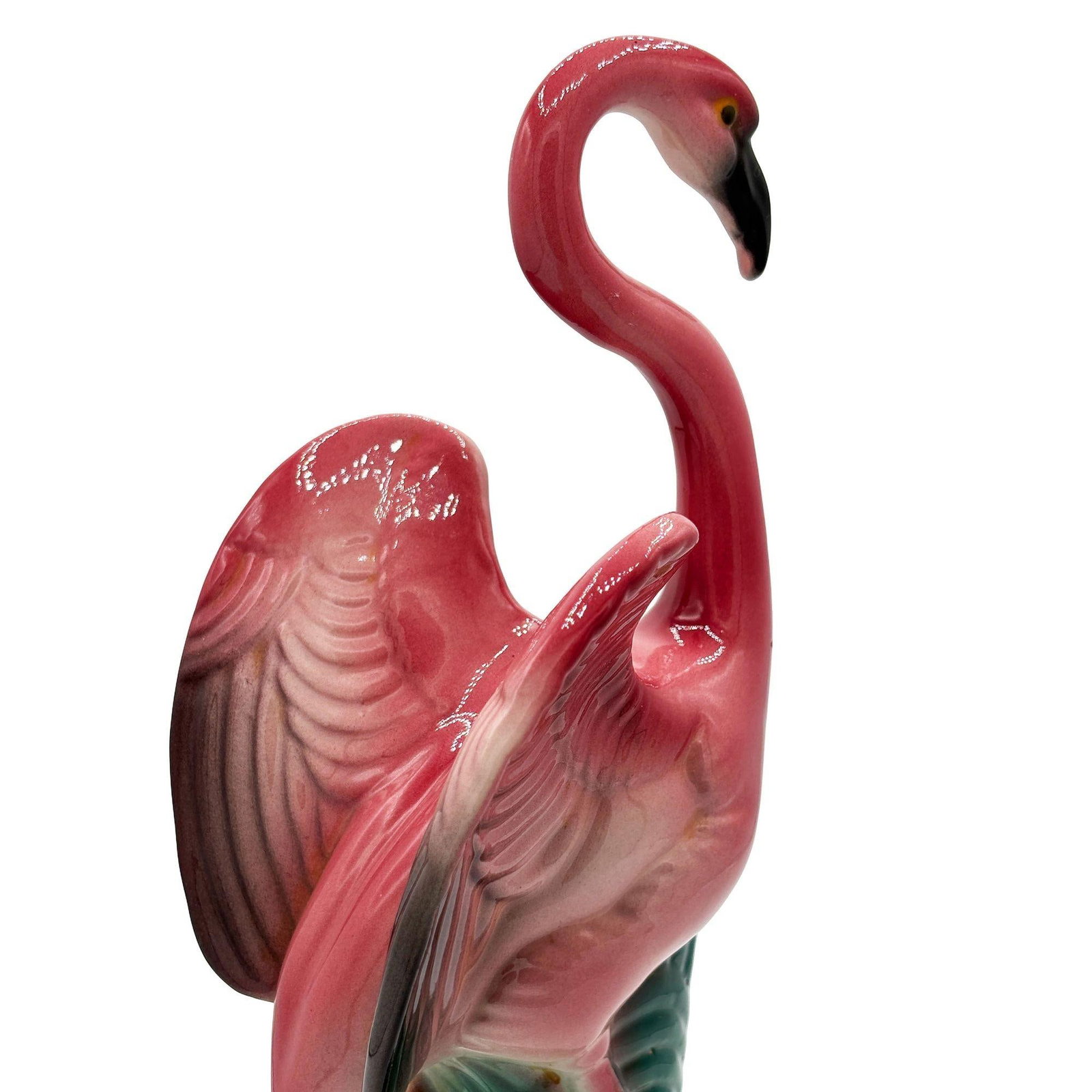 Mid-century 11" Tall Open Wing Pink Flamingo Ceramic Tabletop Statue, Pair - 2
