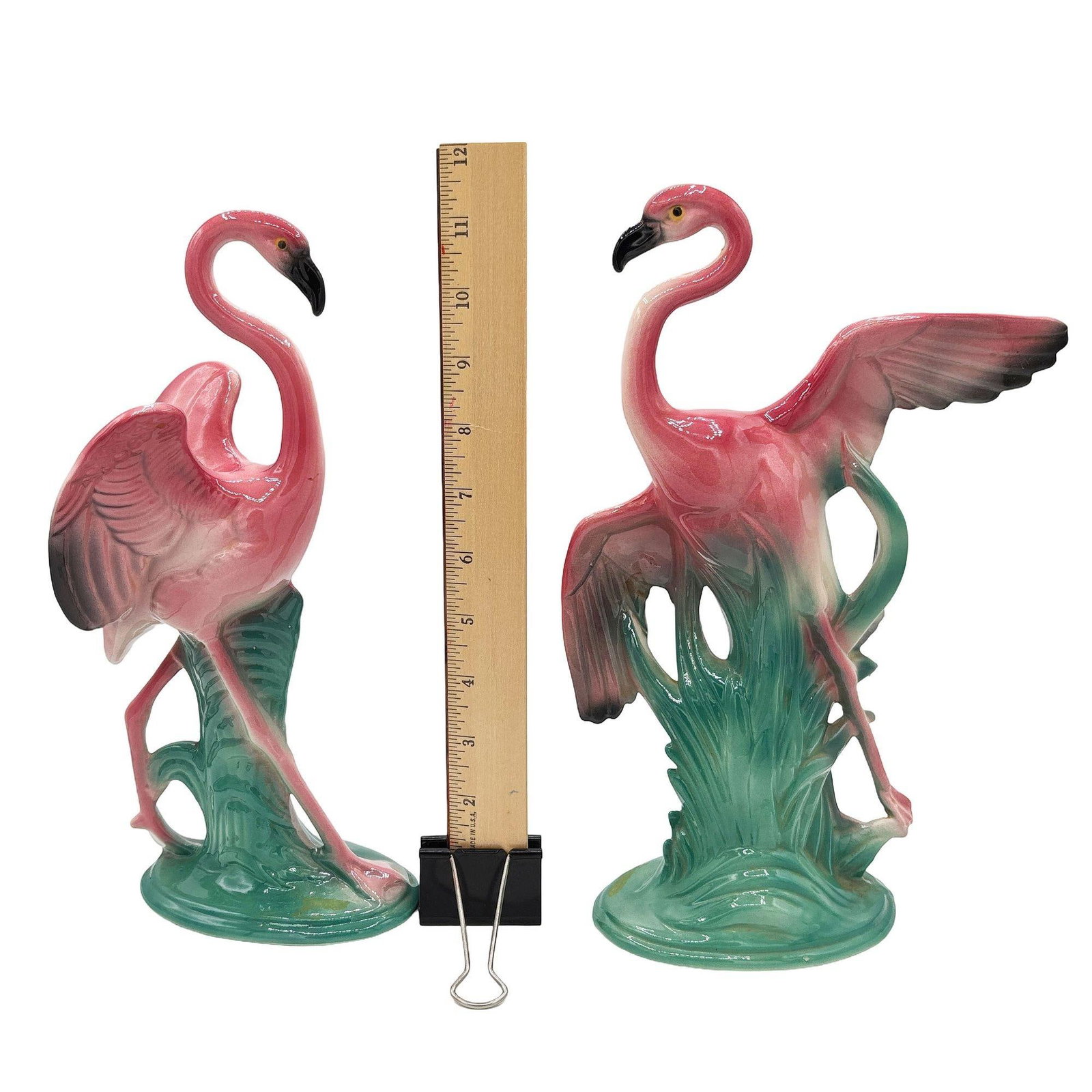 Mid-century 11" Tall Open Wing Pink Flamingo Ceramic Tabletop Statue, Pair - 5